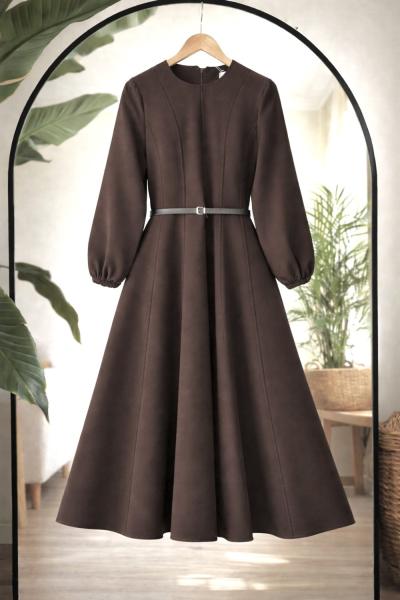 Dikiş detaylı Derikemerli kiloş elbise Kahve BK9557