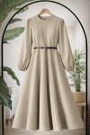 Dikiş detaylı Derikemerli kiloş elbise Bej  BK9557