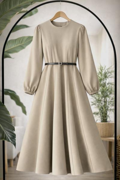 Dikiş detaylı Derikemerli kiloş elbise Bej BK9557