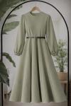 Dikiş detaylı Derikemerli kiloş elbise yeşil BK9557