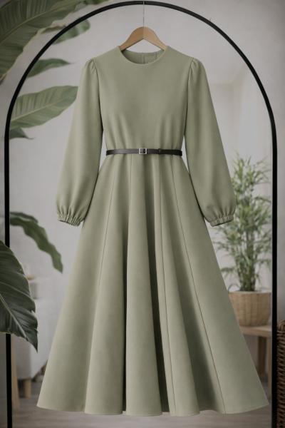 Dikiş detaylı Derikemerli kiloş elbise yeşil BK9557