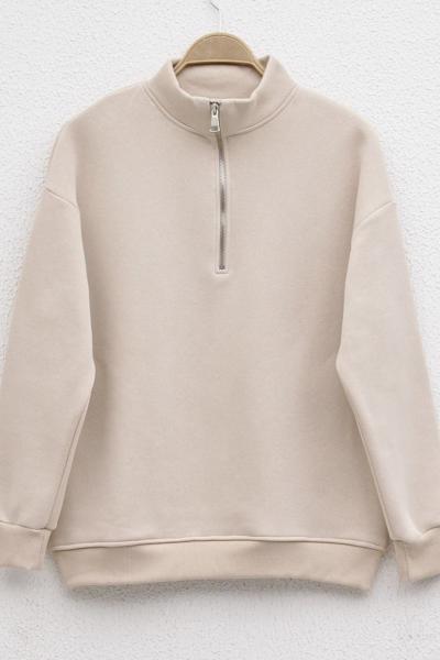 Dikyaka fermuarlı sweatshırt Bej ADS30193