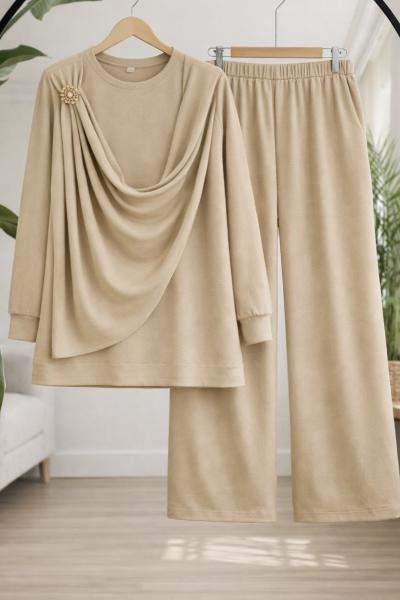Dökümlü yaka Oysh Takım Bej TK2070