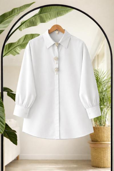 Düğmeleri taş işlemeli tunik gömlek Beyaz TB8059