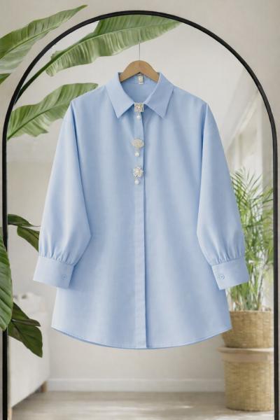 Düğmeleri taş işlemeli tunik gömlek Mavi TB8059