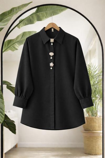 Düğmeleri taş işlemeli tunik gömlek Siyah  TB8059