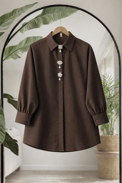 Düğmeleri taş işlemeli tunik gömlek Kahverengi TB8059