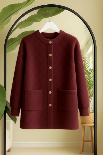 düğmeli sakal iplik Triko Kap Bordo TCN40145