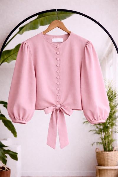 Düğmeli Bağcıklı kısa gömlek Pembe BK9550