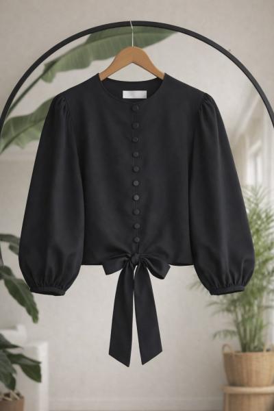 Düğmeli Bağcıklı kısa gömlek Siyah  BK9550