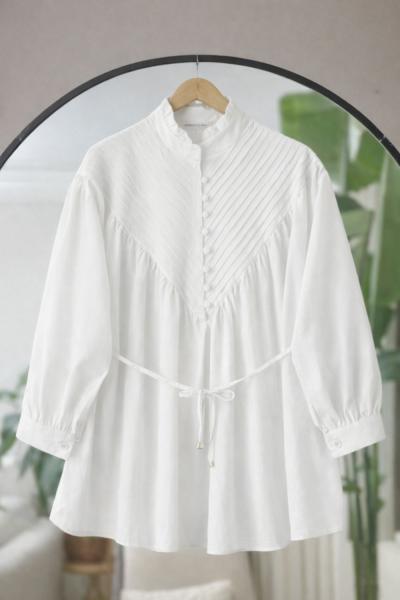 Düğmeli ön dikiş detaylı Tunik gömlek  Beyaz YR30536