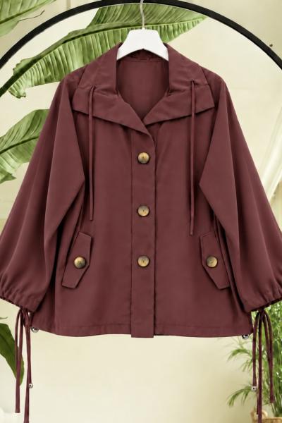 Düğmeli Kısa Trenç Bordo  SL9123