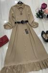Düğmeli firfir Mavi  Detay Elbise Bej  UMS753