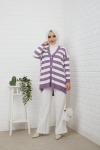 Düğmeli Çizgili Triko Hırka Lila  NFS14494