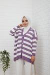 Düğmeli Çizgili Triko Hırka Lila  NFS14494