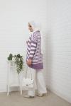Düğmeli Çizgili Triko Hırka Lila  NFS14494