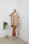 Düğmeli Çizgili Triko Hırka Camel  NFS14494