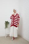 Düğmeli Çizgili Triko Hırka Kırmızı  NFS14494