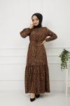 Düğmeli Bel bağcıklı Leopar Elbise kahve GLN889