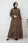 Düğmeli Bel bağcıklı Leopar Elbise bej GLN889