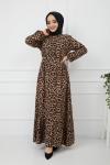 Düğmeli Bel bağcıklı Leopar Elbise bej GLN889