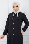 Düğmeli  Kapşon Detaylı Ayrobin Kap Siyah GLN947