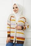 Düğmeli çizgili Triko Hırka Bej SLT1228