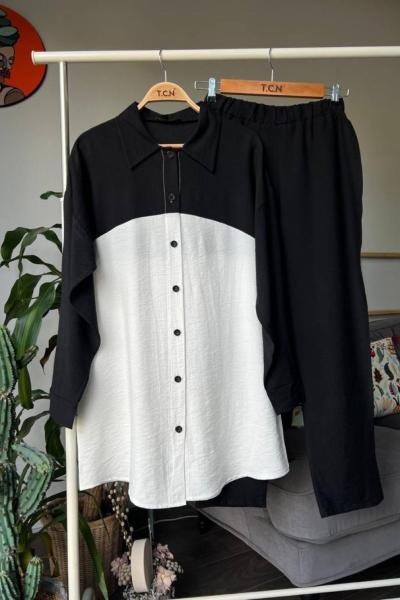 Düğmeli iki renk keten takım Siyah TCN4047