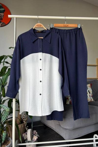 Düğmeli iki renk keten takım Lacivert TCN4047