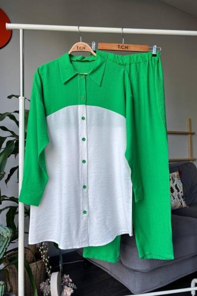 Düğmeli iki renk keten takım Yeşil TCN4047