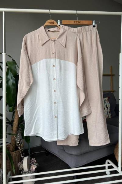 Düğmeli iki renk keten takım  bej TCN4047