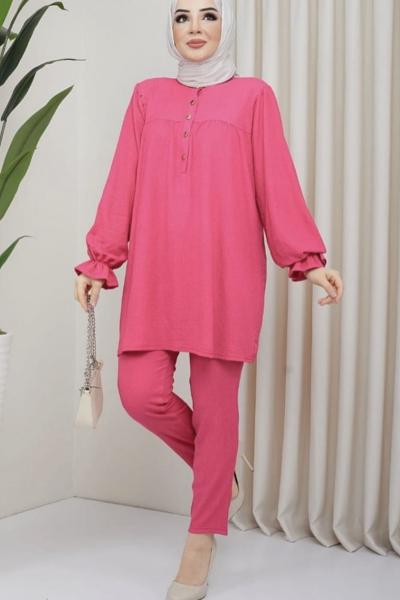 Düğmeli robalı bürümcük takım fuşya SLT3065