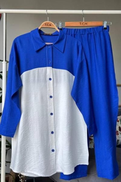 Düğmeli iki renk keten takım  mavi TCN4047