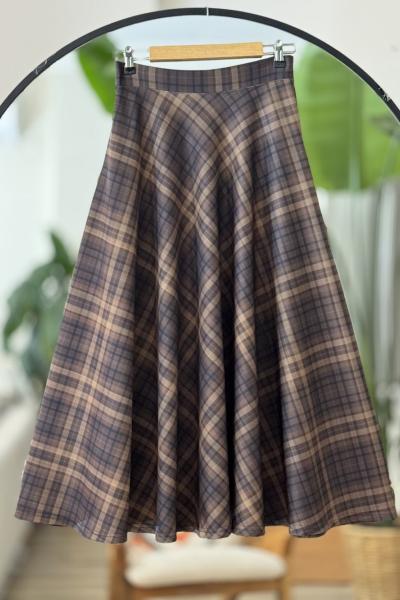 Ekose Desen Kiloş Etek Kahverengi BK9533