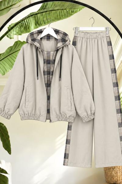 Ekose Detaylı Kapüşonlu Ceket ve Bol Paça Pantolon Takım bej CZ7527