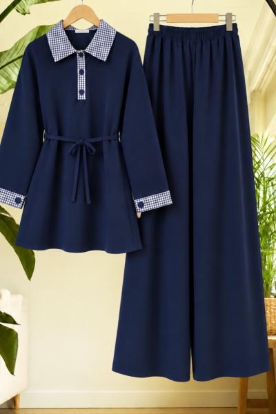 Ekose Garnili  Patlı Pantolon Takım Lacivert UMS50387