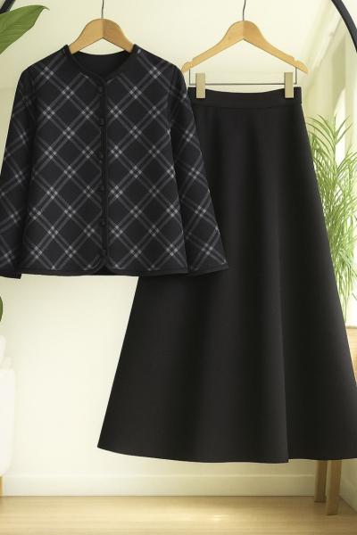 Ekoseli Ceket Kiloş Etek Takım Siyah UMS50333