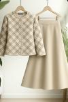 Ekoseli Ceket Kiloş Etek Takım Bej  UMS50333