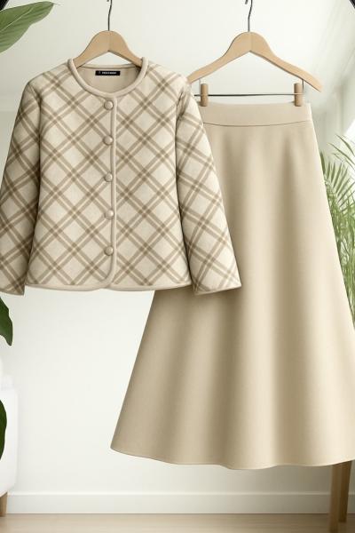 Ekoseli Ceket Kiloş Etek Takım Bej  UMS50333