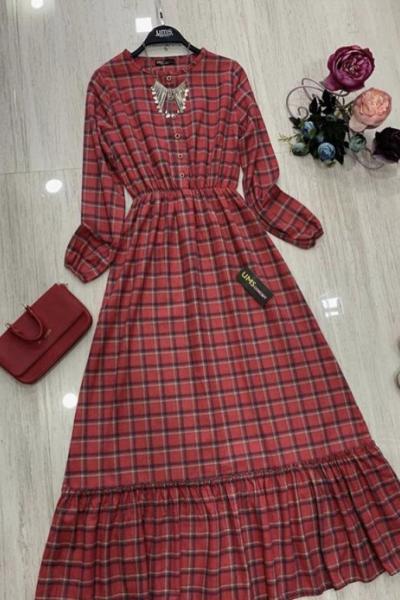 Ekoseli Elbise Bordo Ums 771