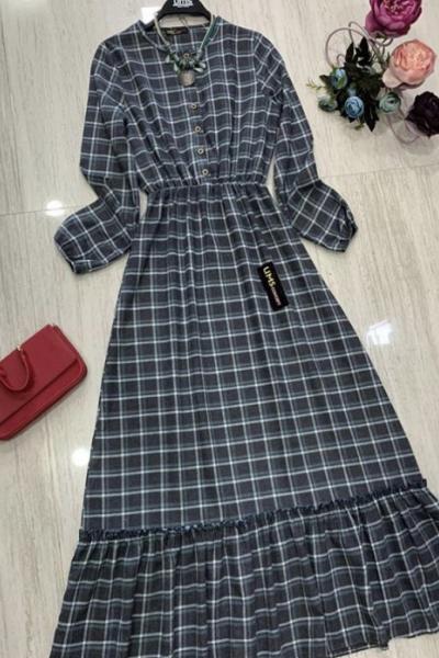 Ekoseli Elbise Sıyah  Ums 771