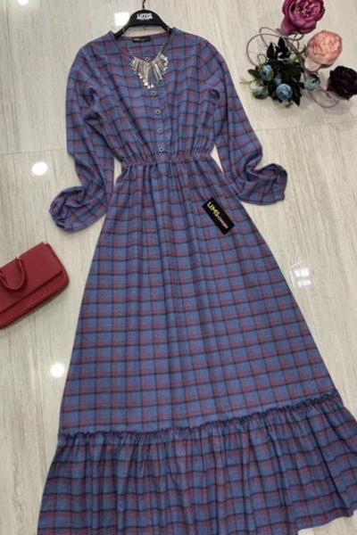 Ekoseli Elbise indigo mavı   Ums 771