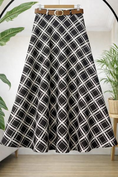 Ekoseli kemerli Kiloş  Etek Siyah TB8050