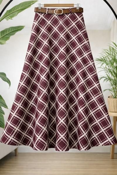 Ekoseli kemerli Kiloş  Etek Bordo TB8050