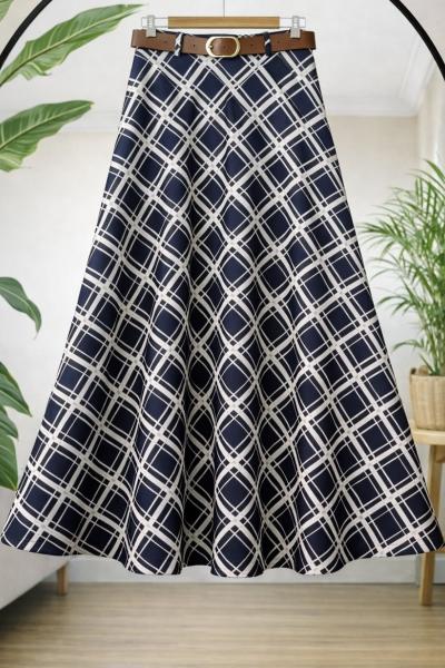 Ekoseli kemerli  Kiloş  Etek Lacivert TB8050