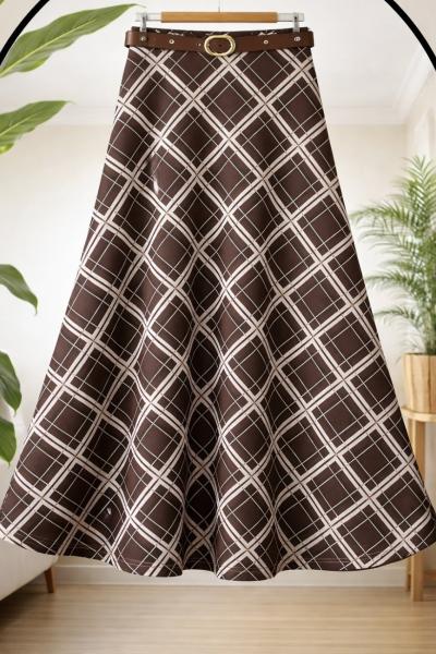 Ekoseli kemerli  Kiloş  Etek Kahverengi TB8050