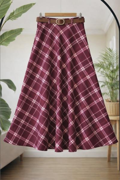 Ekoseli kemerli kiloş etek Bordo TB8053