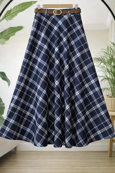 Ekoseli kemerli kiloş etek Lacivert TB8053