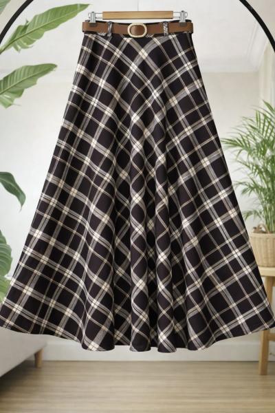 Ekoseli kemerli kiloş etek Kahverengi TB8053