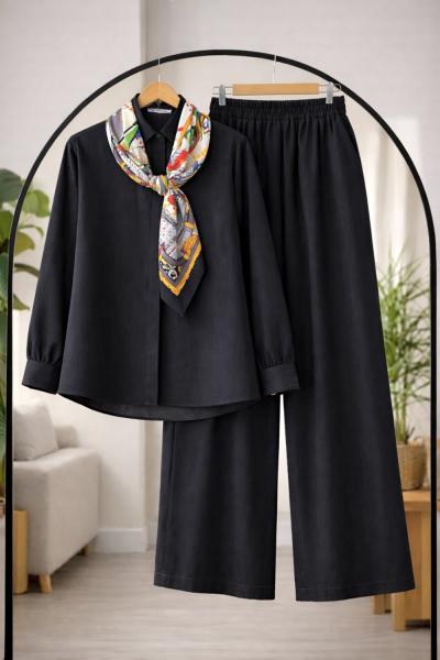 Eşarplı  Bolpaça Kot Takım Siyah HT8070